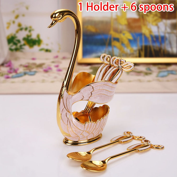 Coffee Tea Stirring Spoons Dessert Swan Holder with 6 Tea spoons