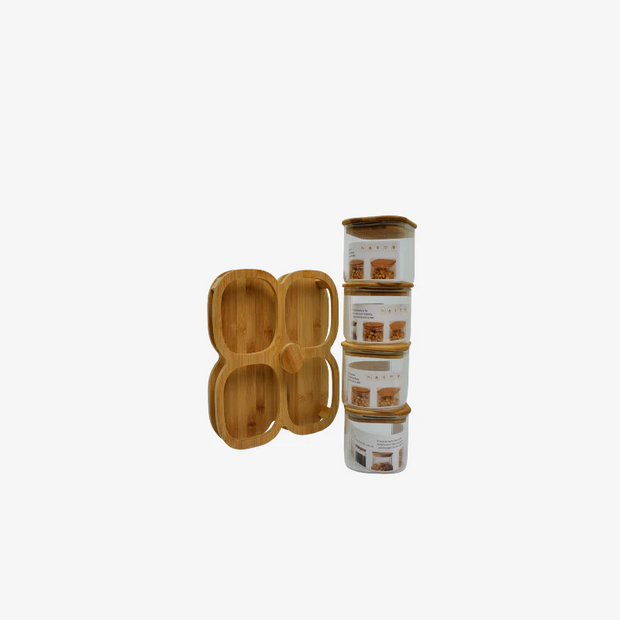 Bamboo Lid Glass revolving Containers Set with Wooden Organizer - Airtight