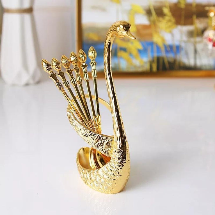 Stainless Steel Swan Shaped Tea Spoon Holder with 6 Spoons