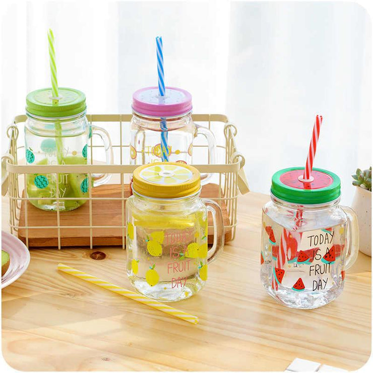 Fruity Glass Mason Jar Mugs with Lid and Straw For Milk, Milkshakes Juices 480 ml