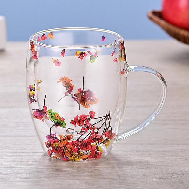 Dried Flower Filling Double Wall Glass Cup Resistant Handle Coffee Tea  Milk Cup Mug Gift