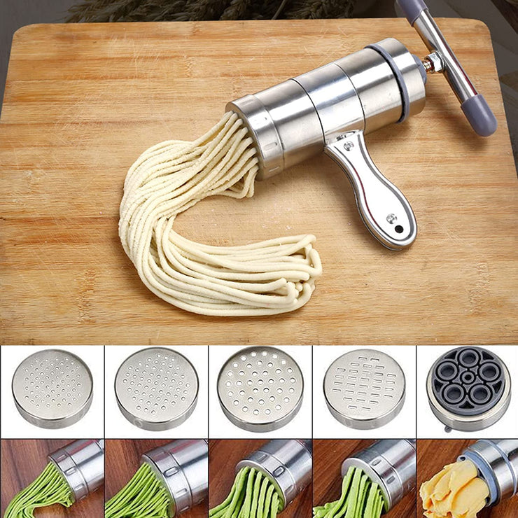 Stainless Steel Manual Noodles Press Pasta Maker with 5 Noodle Mould