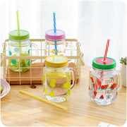 Multicolor Heat Resistant Fruity Glass Mason Jar with Lid and Straw 480 ml