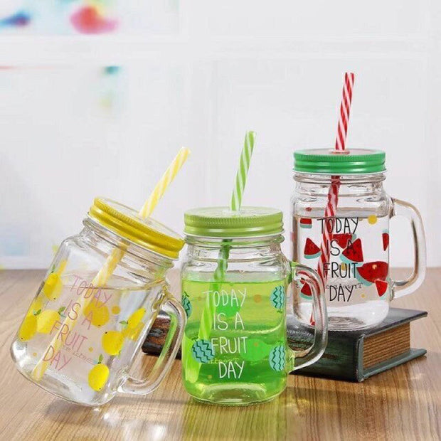 Multicolor Heat Resistant Fruity Glass Mason Jar with Lid and Straw 480 ml