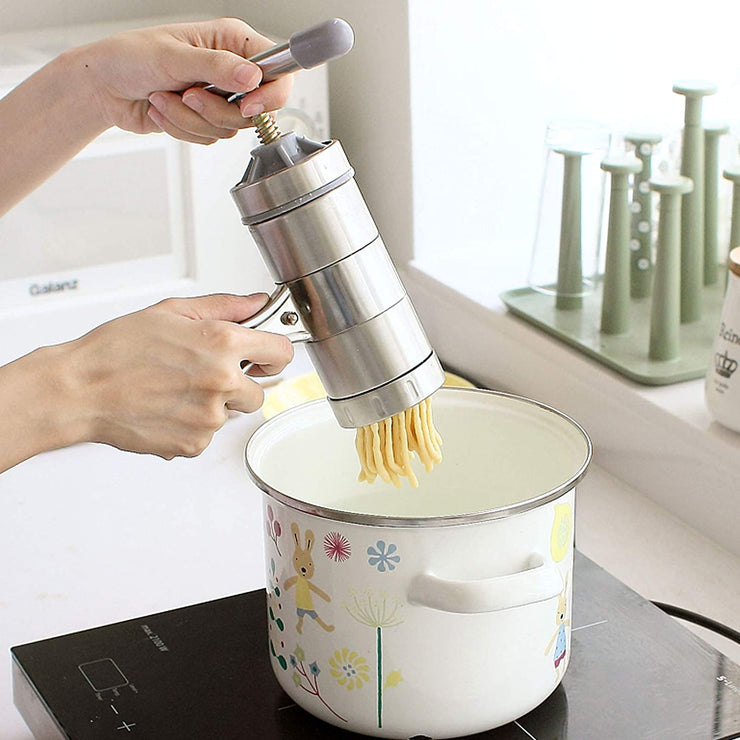 Stainless Steel Manual Noodles Press Pasta Maker with 5 Noodle Mould