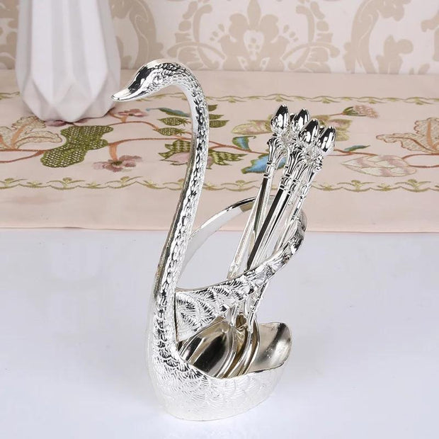 Stainless Steel Swan Shaped Tea Spoon Holder with 6 Spoons